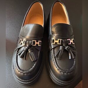 New Womens Lug Sole Platform Mid Chunky Heel Loafers Classic Round Toe Slip